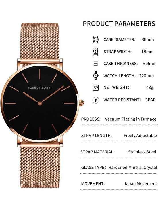 Women\'s Rose Gold Black Stainless Steel Mesh Strap Minimalist Slim Dial Watch